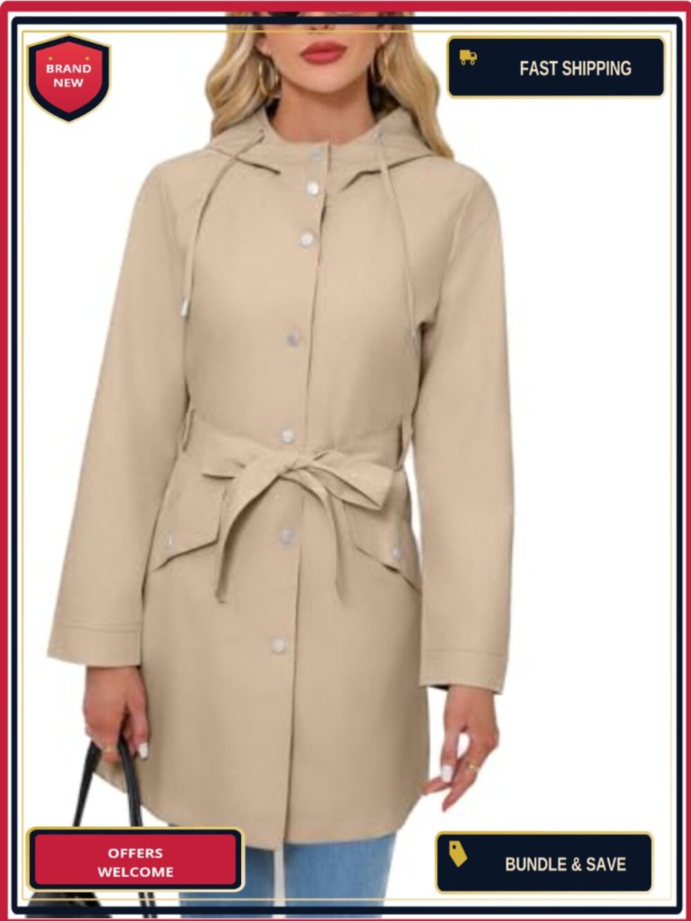 Women's Hooded Trench Coat Slim Fit Waterproof Long Sleeve Belted Rain Jacket